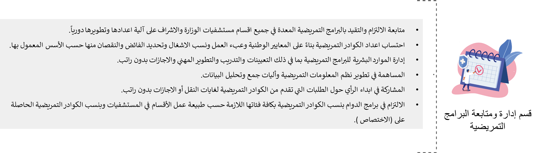 قسم إدارة ومتابعــة البرامج التمريضية:    1.	متابعه الالتزام والتقيد بالبرامج التمريضية المعدة في جميع اقسام مستشفيات الوزارة والاشراف على آلية اعدادها وتطويرها دوريــــاً. 2.	احتساب اعداد الكوادر التمريضية بناءً على المعايير الوطنية وعبء العمل ونسب الاشغال وتحديد الفائض والنقصان منها حسب الأسس المعمول بها. 3.	إدارة الموارد البشرية للبرامج التمريضية بما في ذلك التعيينات والتدريب والتطوير المهني والاجازات بدون راتب. 4.	المساهمة في تطوير نظم المعلومات التمريضية وأليات جمع وتحليل البيانات. 5.	المشاركة في ابداء الرأي حول الطلبات التي تقدم من الكوادر التمريضية لغايات النقل أو الاجازات بدون راتب. 6.	الالتزام في برامج الدوام بنسب الكوادر التمريضية بكافة فئاتها اللازمة حسب طبيعة عمل الأقسام في المستشفيات وبنسب الكوادر التمريضية الحاصلة على (الاختصاص 